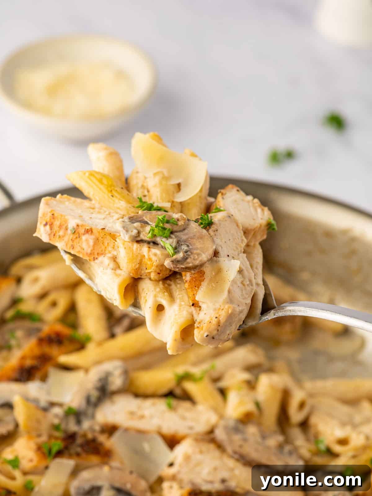 A spoon lifts a bite of creamy chicken and mushroom pasta, showcasing the rich sauce and tender ingredients.