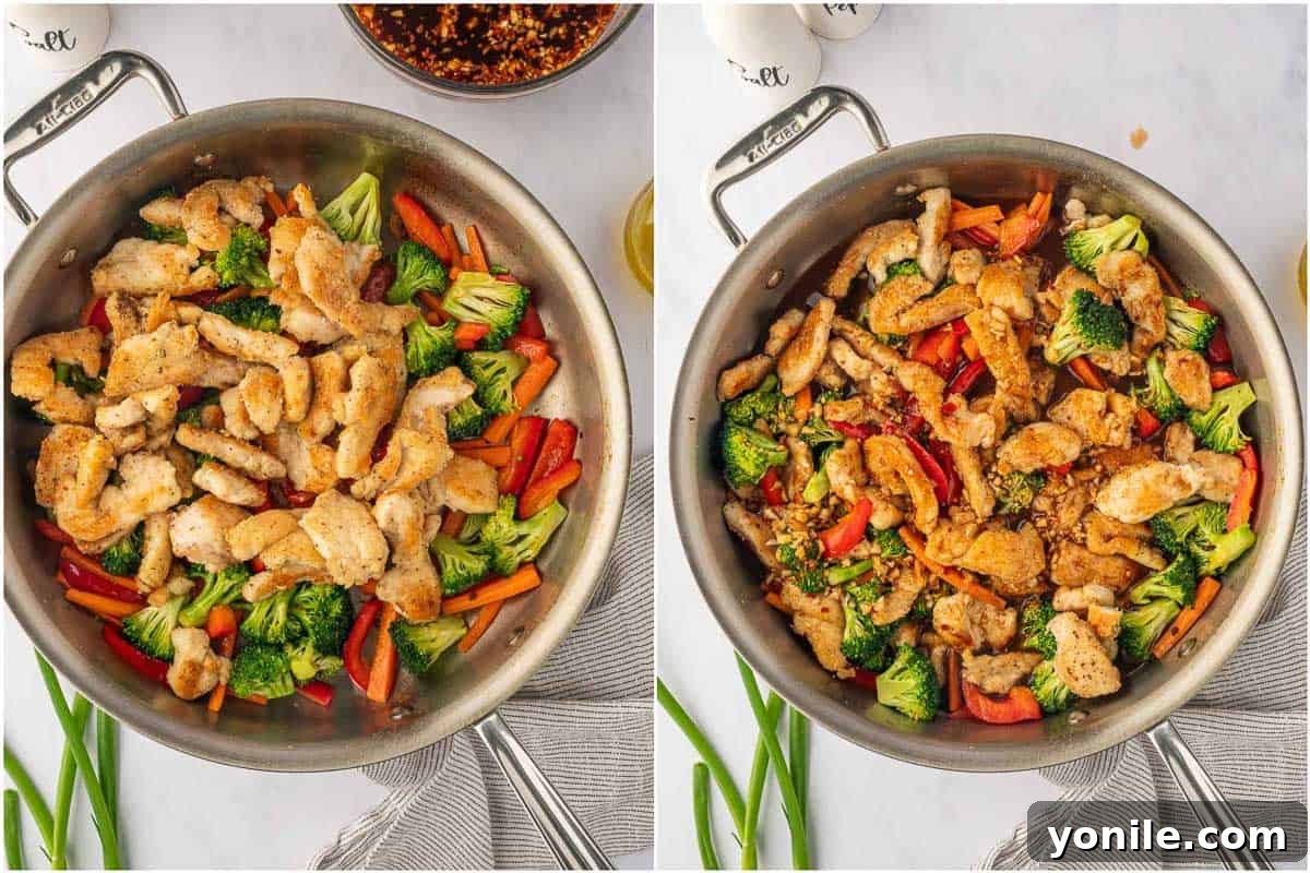 Fiery Hunan Chicken 7 Adding the prepared Hunan sauce to the chicken and vegetables in the skillet for final cooking.