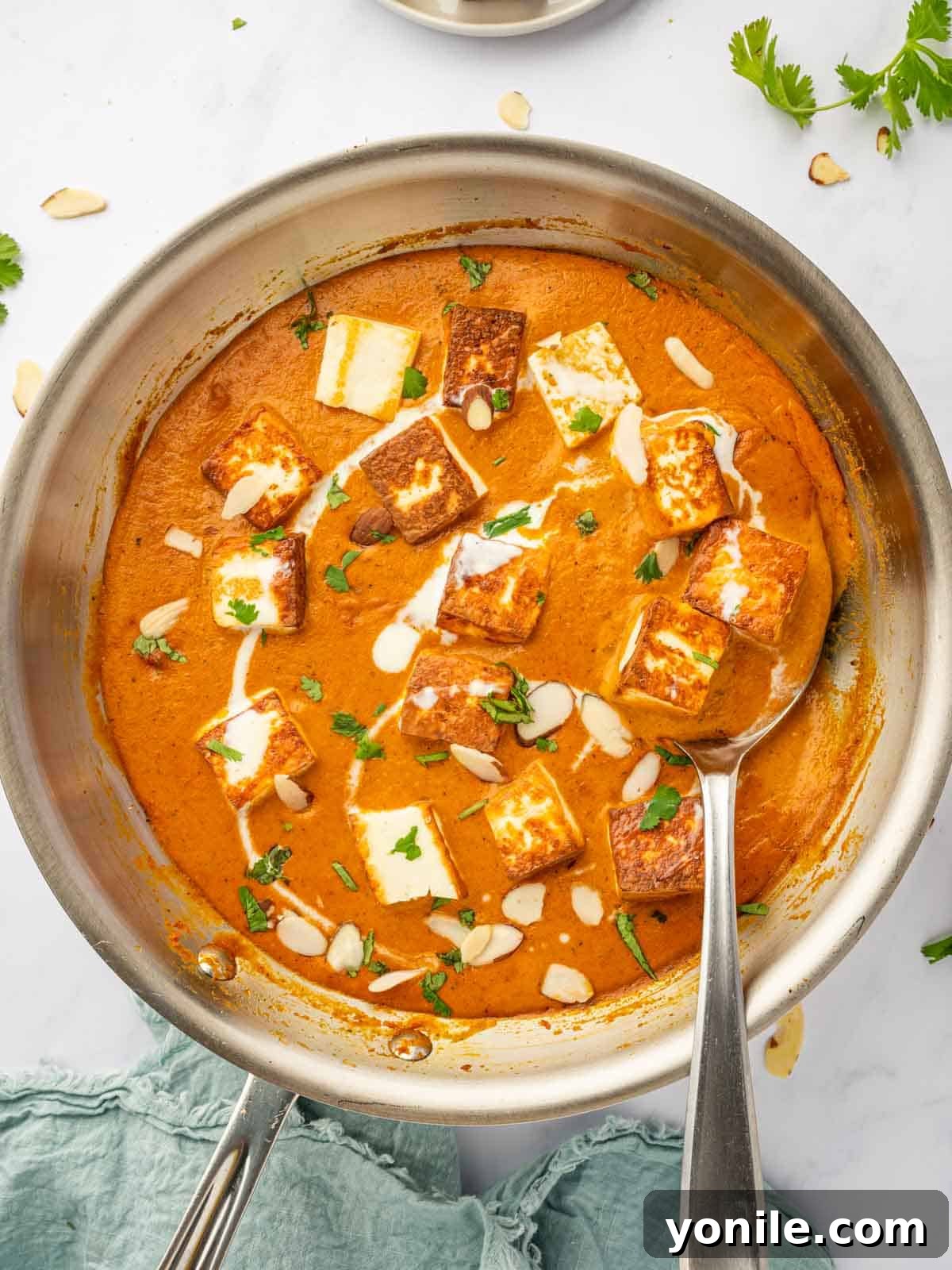 Royal Paneer Pasanda 2 A spoon serves a helping of rich, creamy Paneer Pasanda, garnished with fresh cilantro.