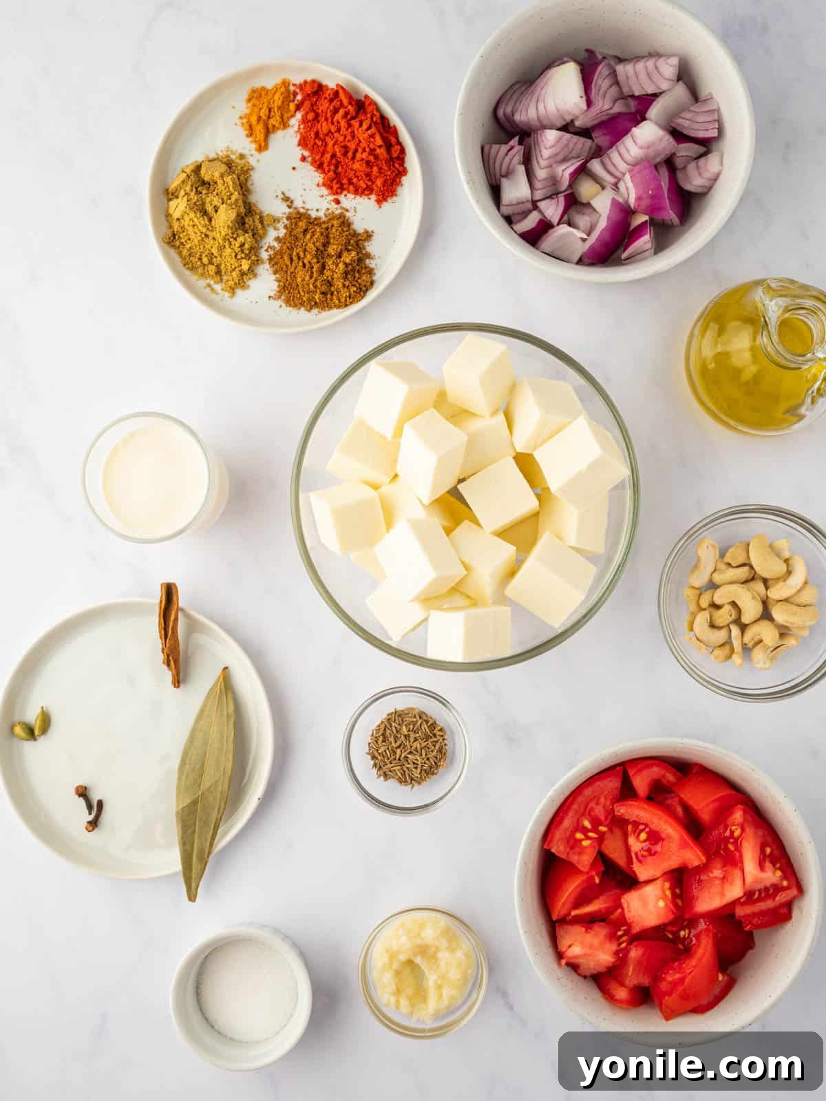 Royal Paneer Pasanda 3 A selection of fresh ingredients and aromatic spices laid out for Paneer Pasanda preparation.