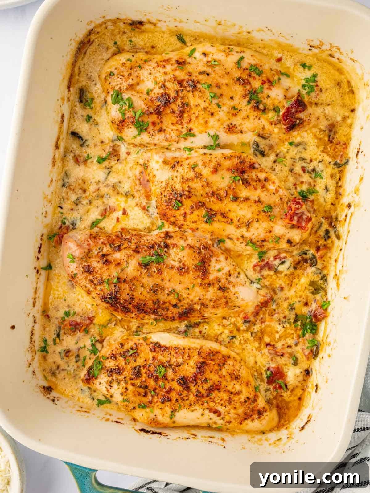 Creamy Tuscan Oven Chicken 2 A baked tuscan chicken casserole.