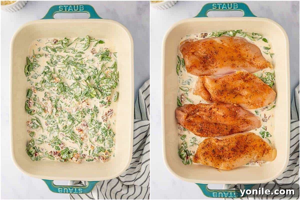 Creamy Tuscan Oven Chicken 5 How to layer the baked tuscan chicken casserole.