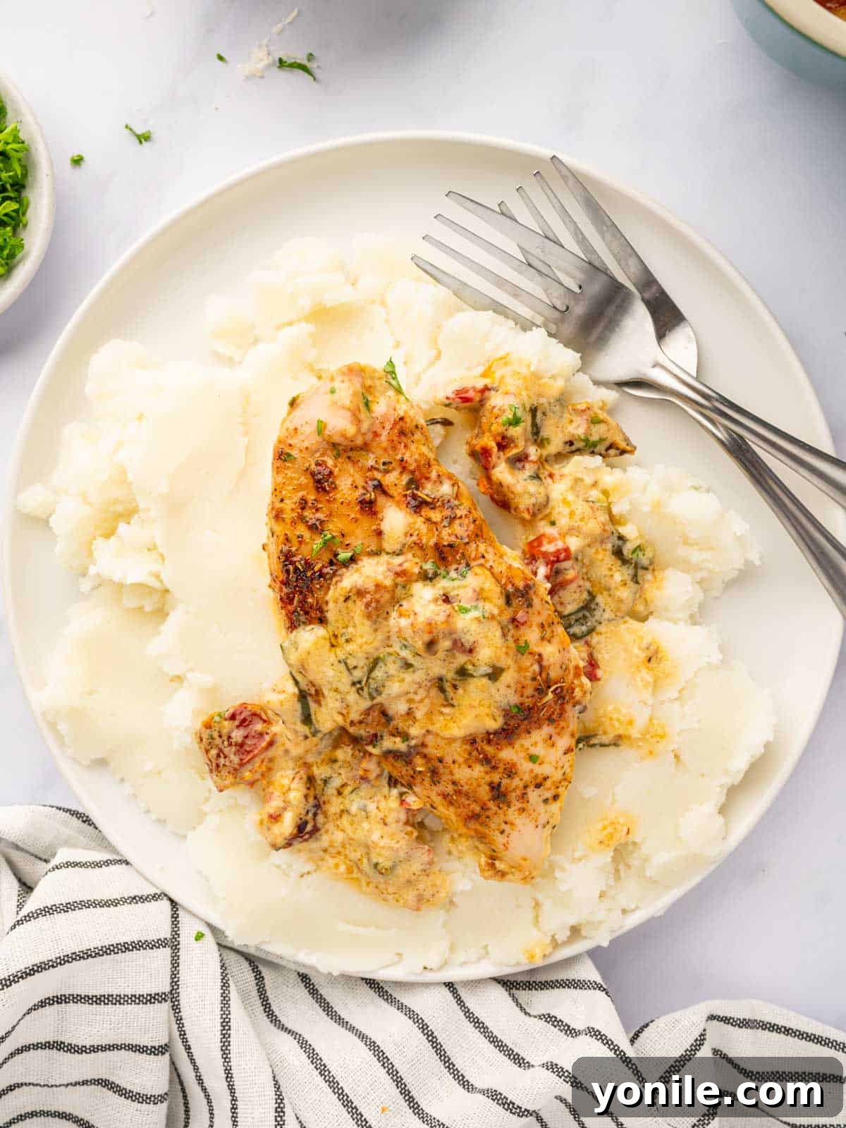 Creamy Tuscan Oven Chicken 8 Baked tuscan chicken served over mashed potatoes.