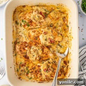 Creamy Tuscan Oven Chicken 9 A spoon scoops tuscan sauce from the casserole dish.