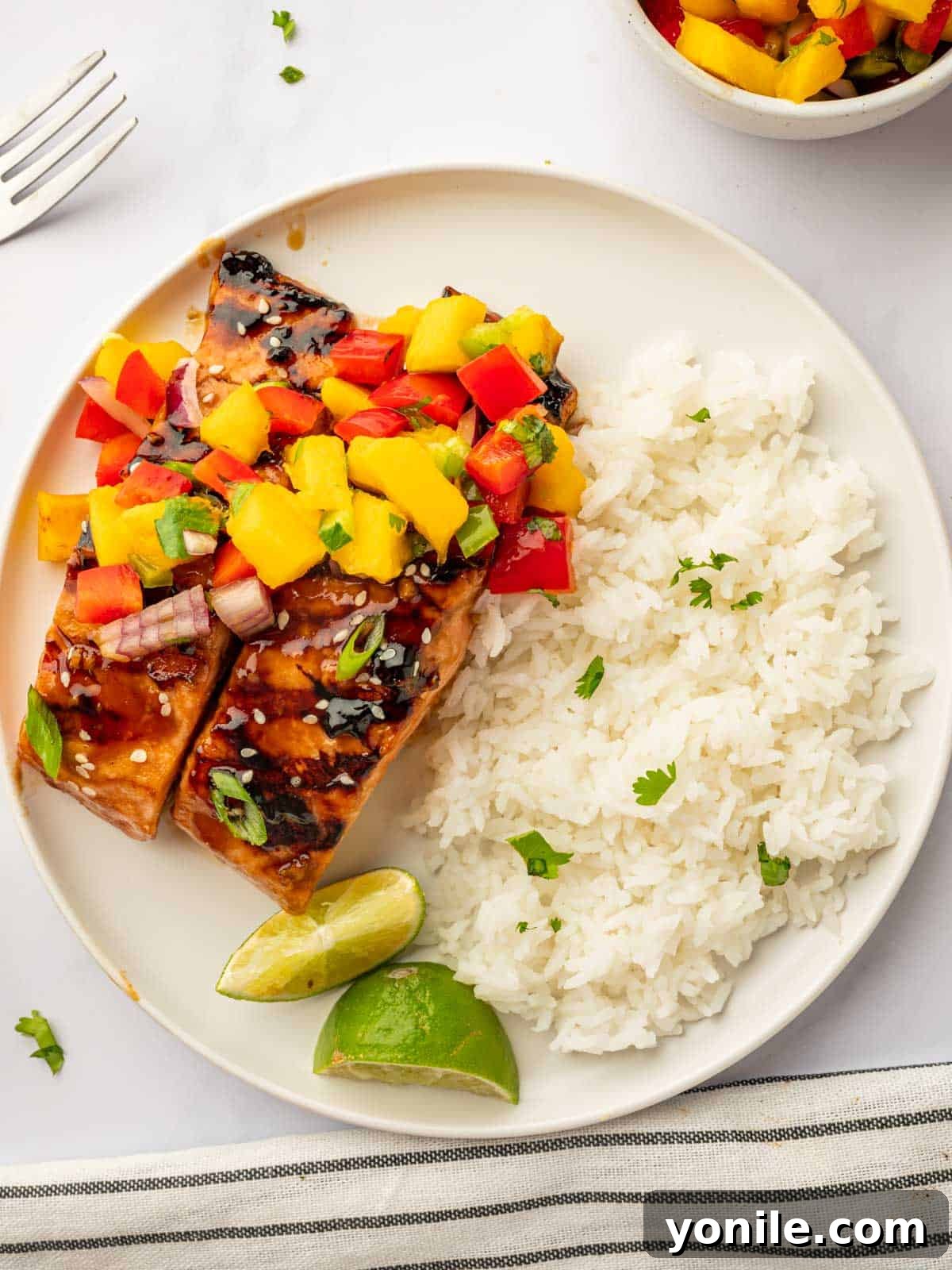 Served marinated grilled salmon recipe on a plate with rice and mango salsa.