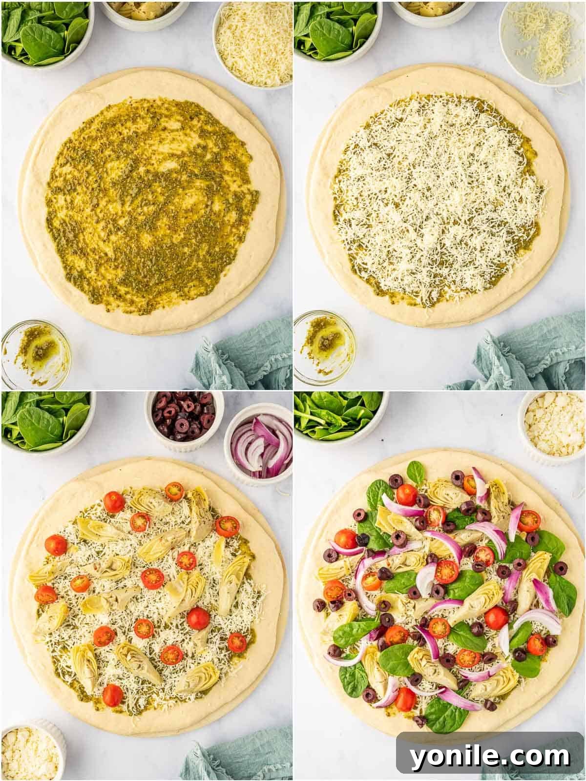 Homemade Mediterranean Pizza Feast 7 Process shot of a Mediterranean pizza being topped with an assortment of fresh ingredients including spinach, artichokes, olives, and feta cheese.
