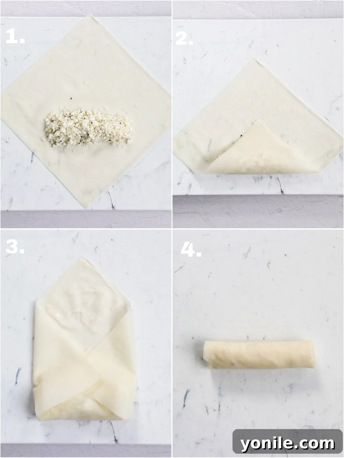 Crispy Cheese Rolls 5 A visual guide in a collage format, demonstrating the precise method for folding and rolling a cheese roll, from placing the filling to sealing the wrapper.