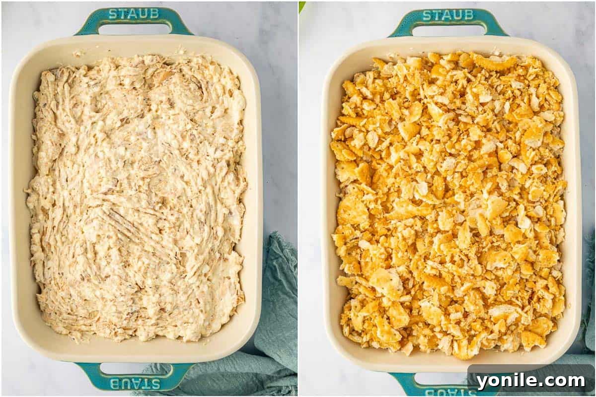 Decadent Chicken Bake 5 Ritz crackers top a creamy chicken casserole.