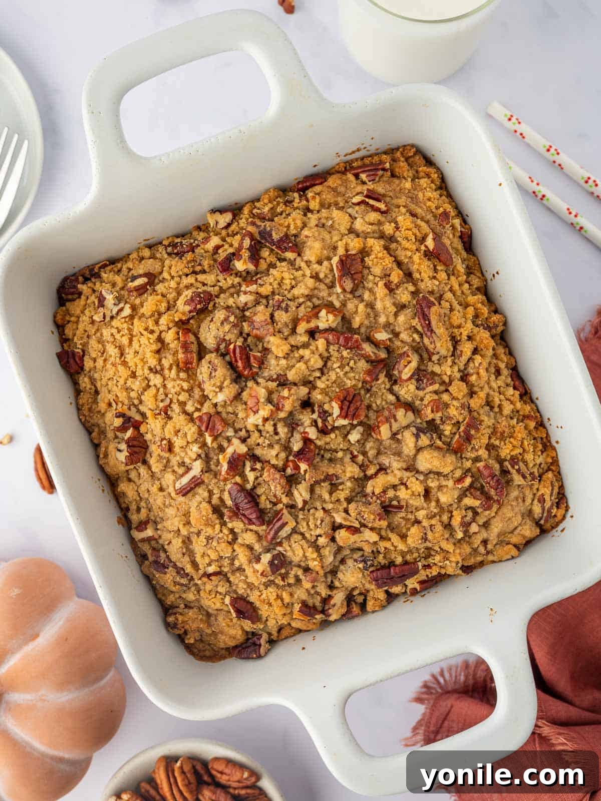 Top view of pumpkin coffee cake with streusel, ready to be served.