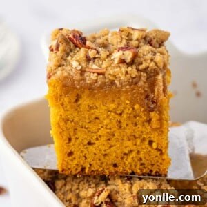 A square slice of pumpkin coffee cake being lifted from a baking dish.