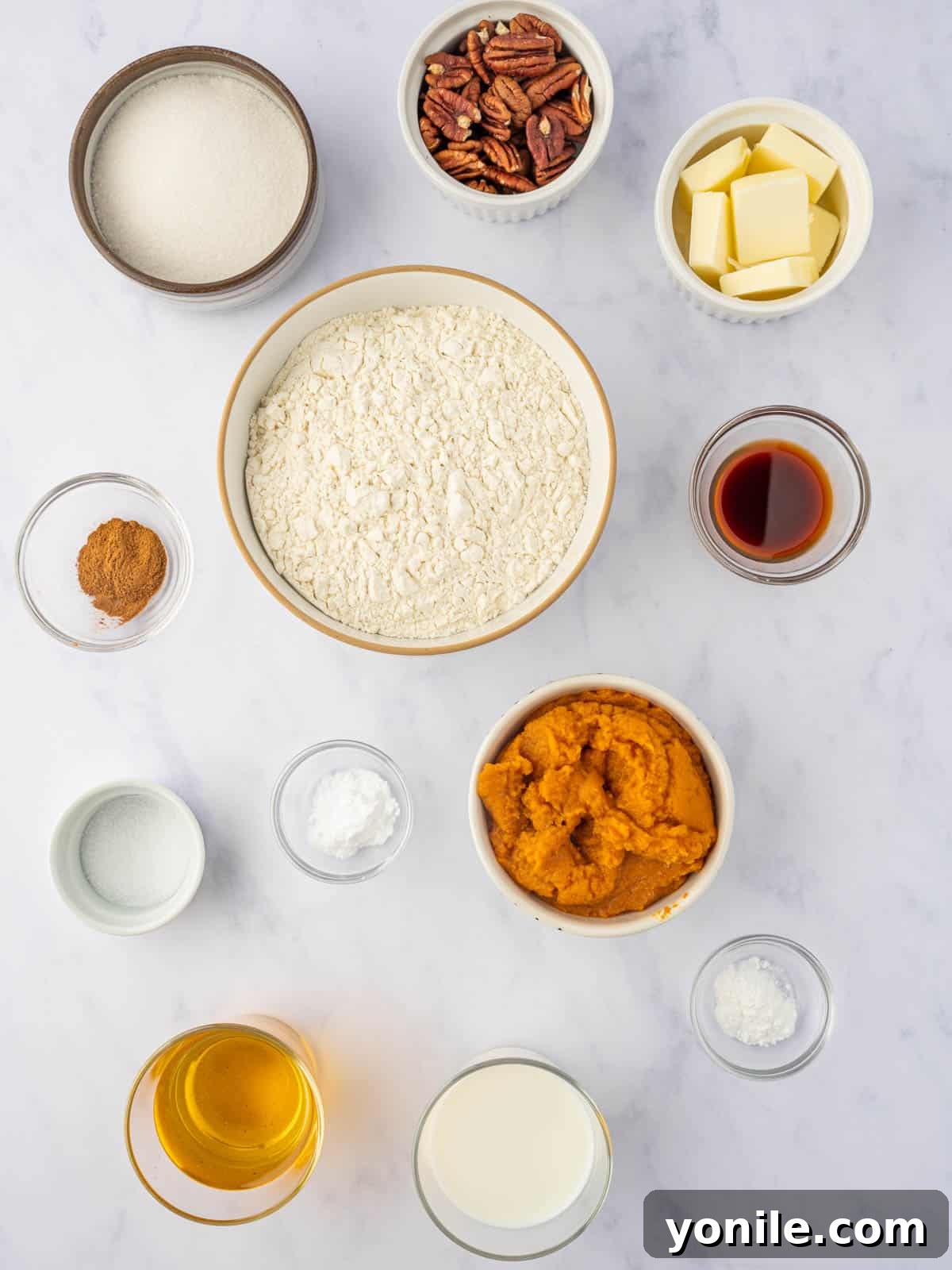 All ingredients laid out for making pumpkin pecan coffee cake.