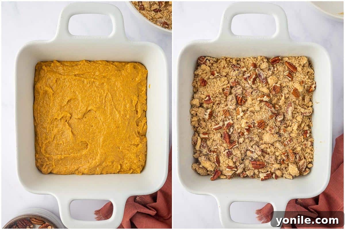 Unbaked pumpkin coffee cake with streusel topping applied.