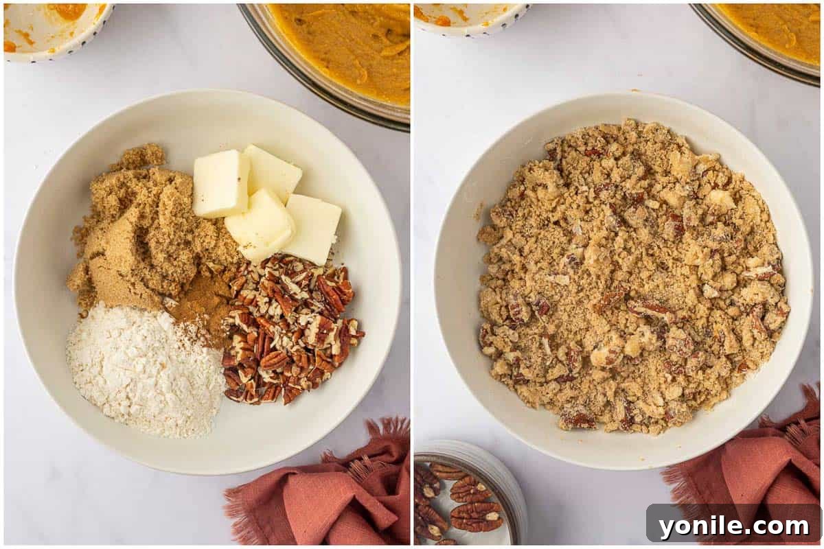 Close-up of streusel topping being prepared.