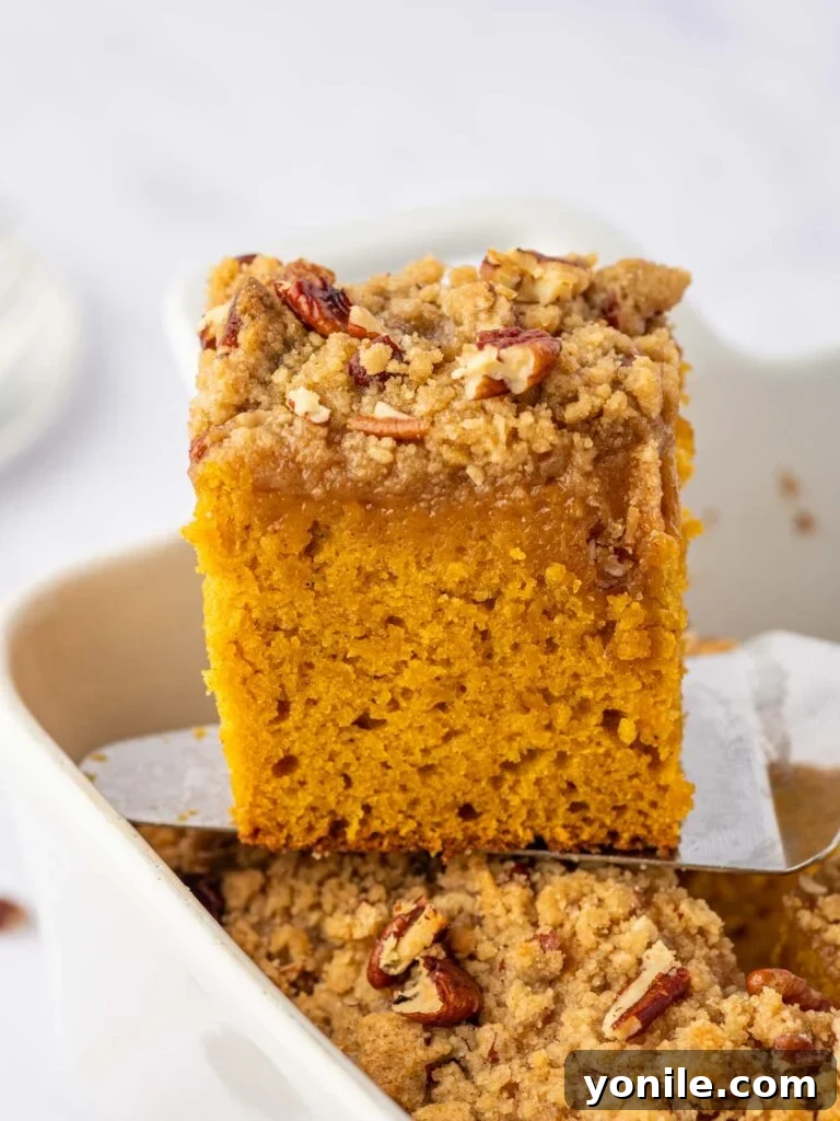 A square slice of pumpkin coffee cake being lifted from a baking dish.