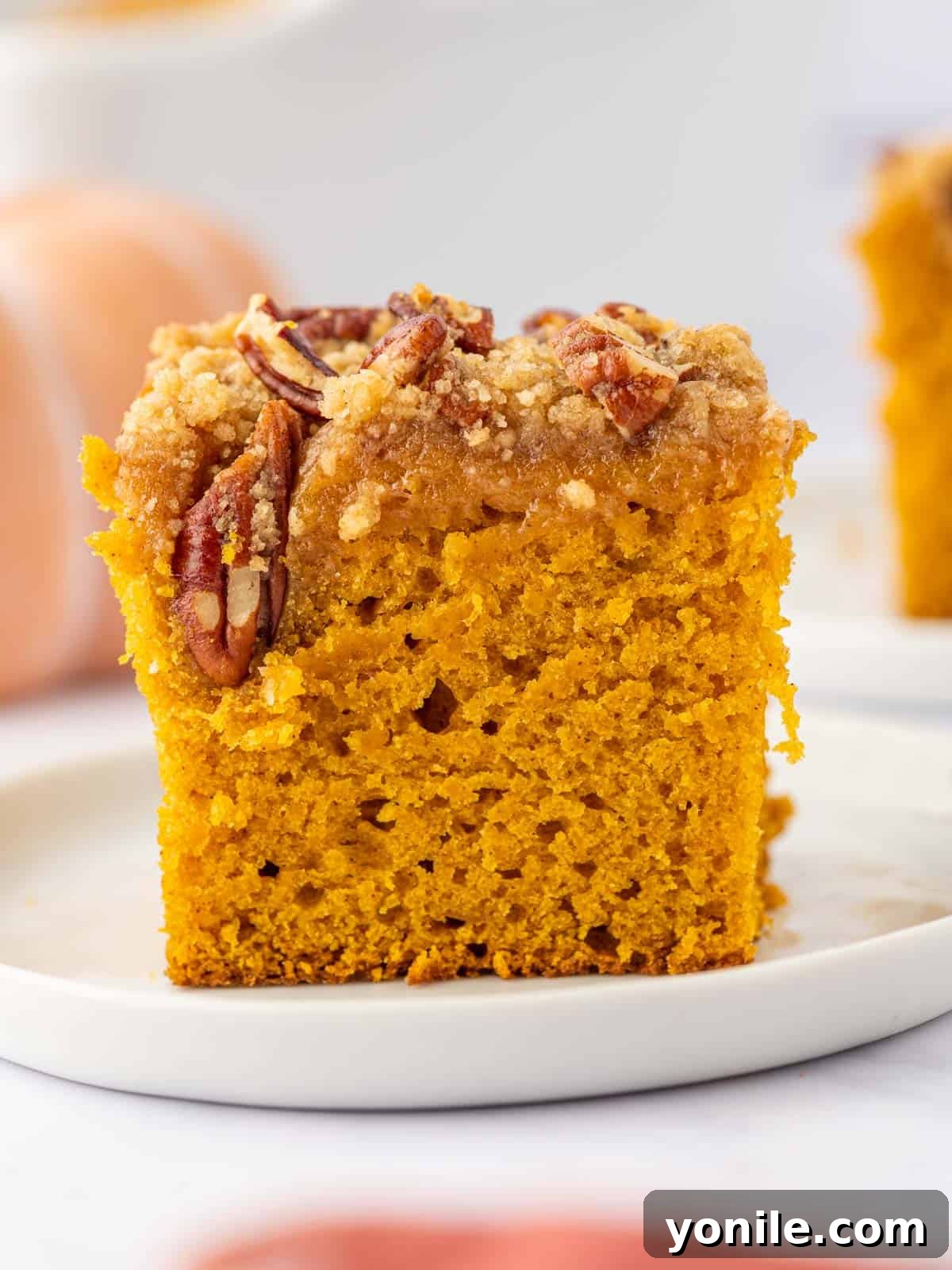 A slice of pumpkin coffee cake served on a white plate with a fork.
