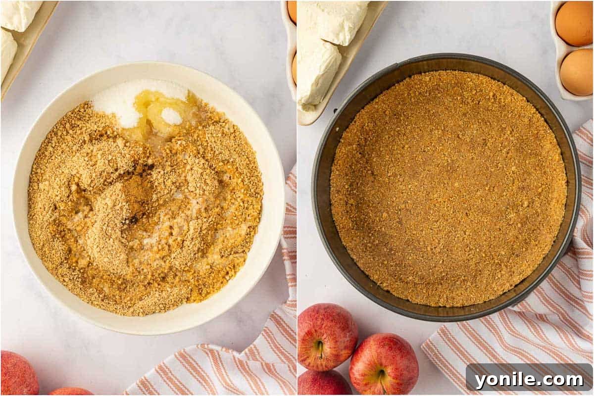 Detailed process image showing the preparation of a graham cracker crust for the cheesecake, pressed firmly into a springform pan.