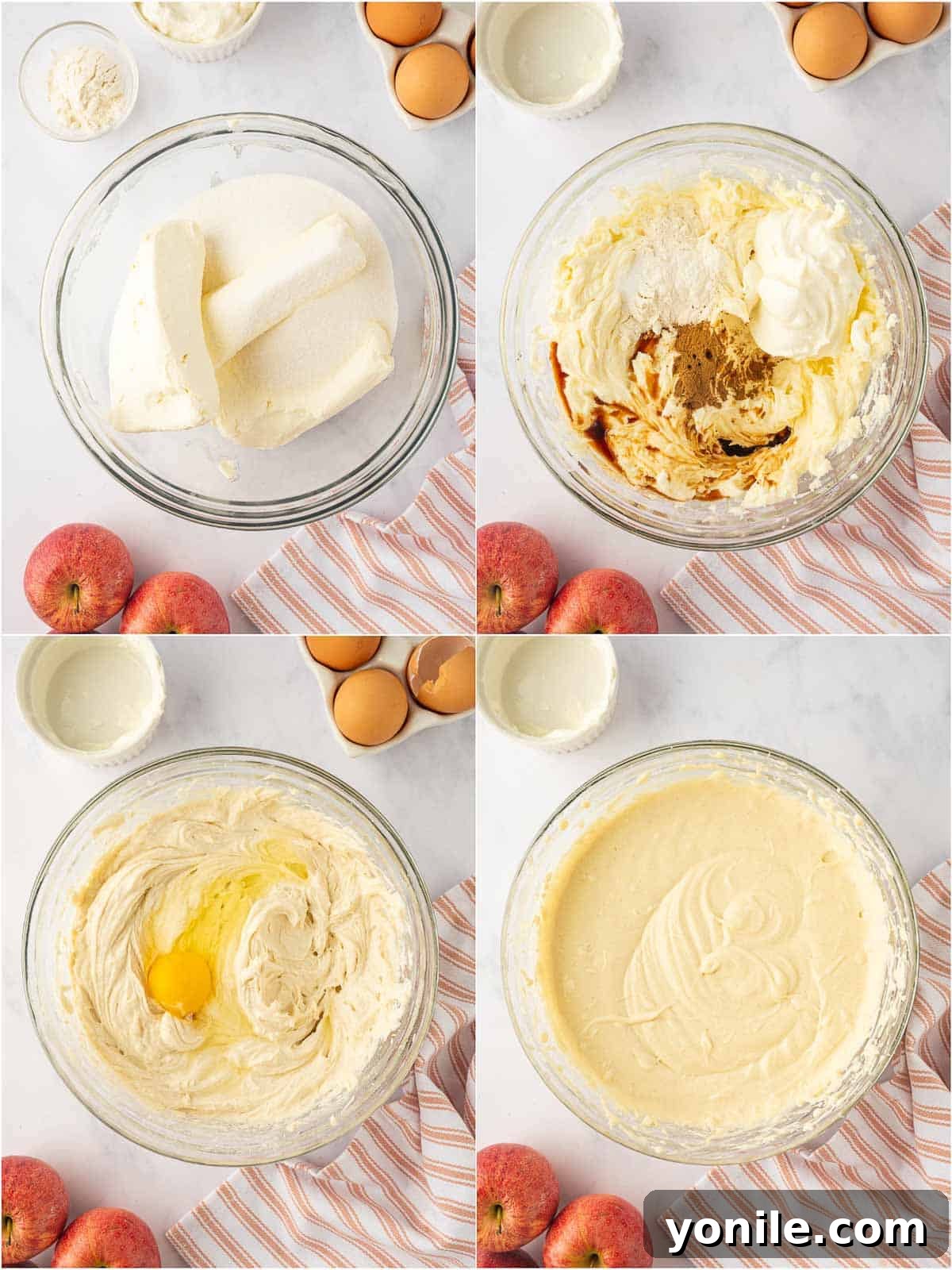 Close-up of the smooth and creamy cheesecake filling being mixed in a bowl, ready for baking.