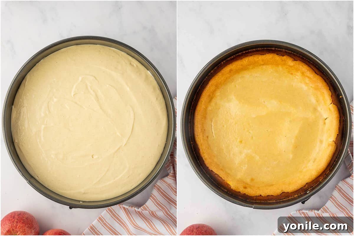 A visual comparison showing the cheesecake before baking and after baking, highlighting its transformation and set appearance.