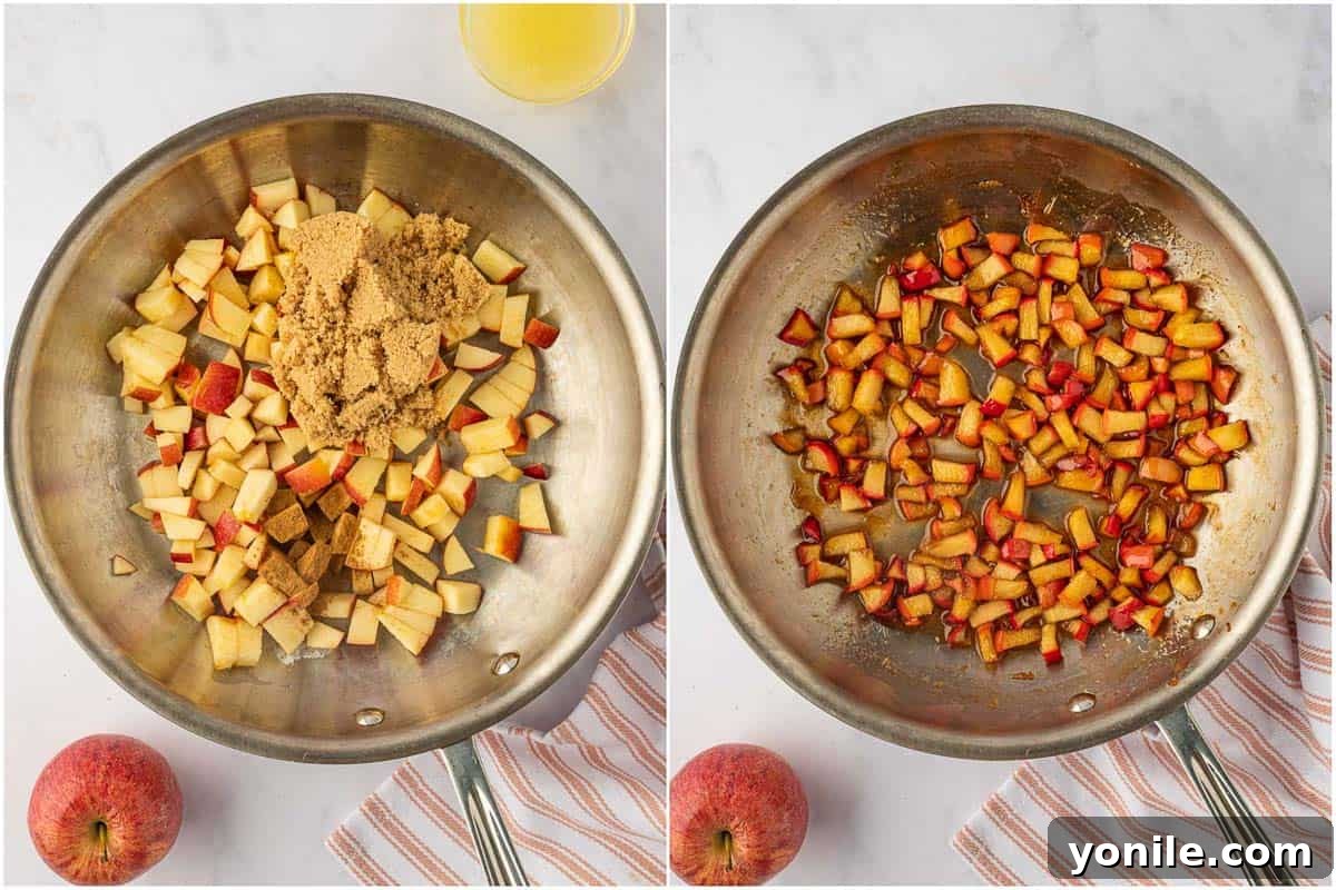 Step-by-step image illustrating how to cook and prepare the cinnamon apple topping for the cheesecake in a saucepan.