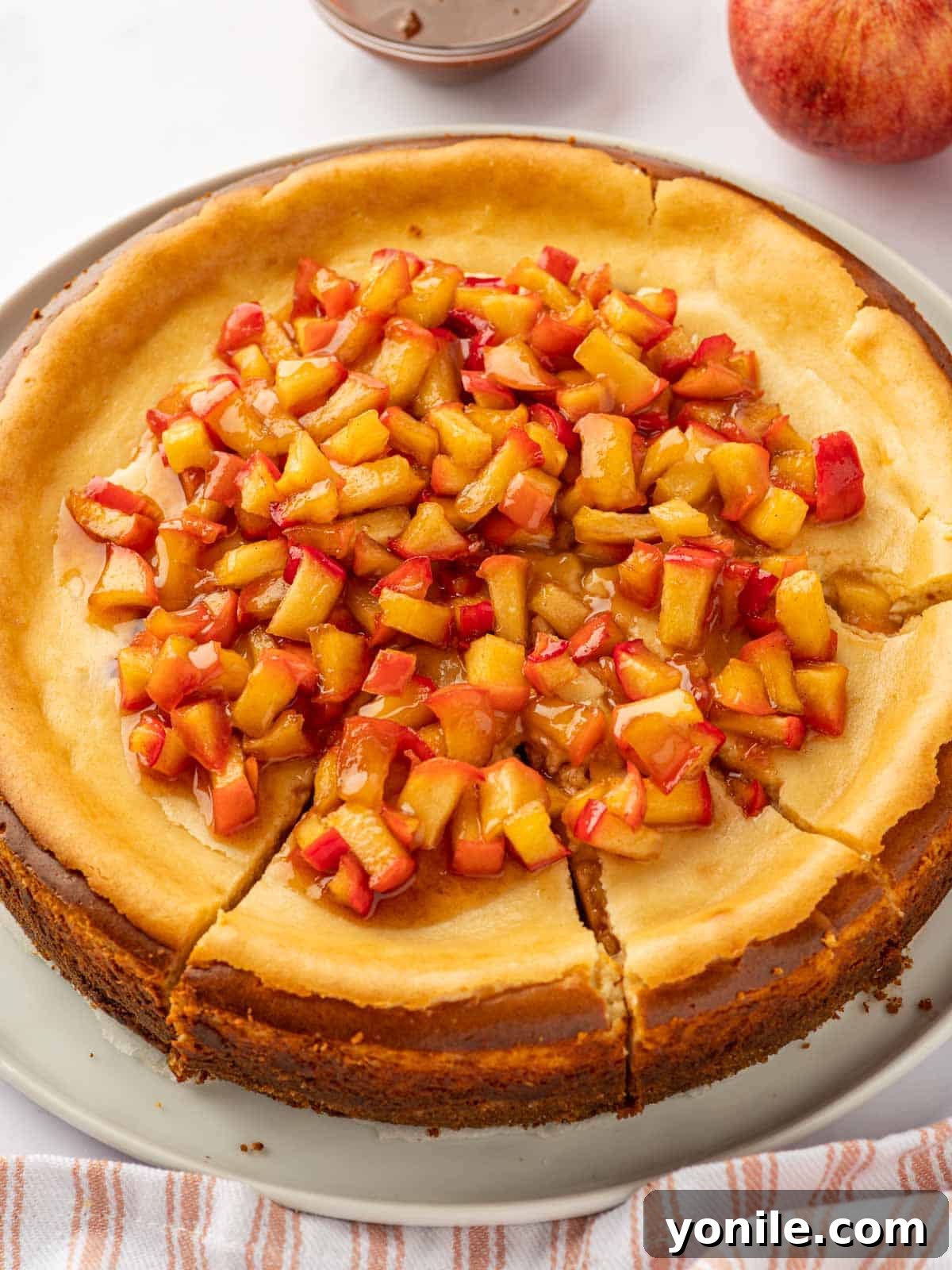 A whole, beautifully garnished cinnamon apple cheesecake, showcasing its rustic yet elegant appeal.
