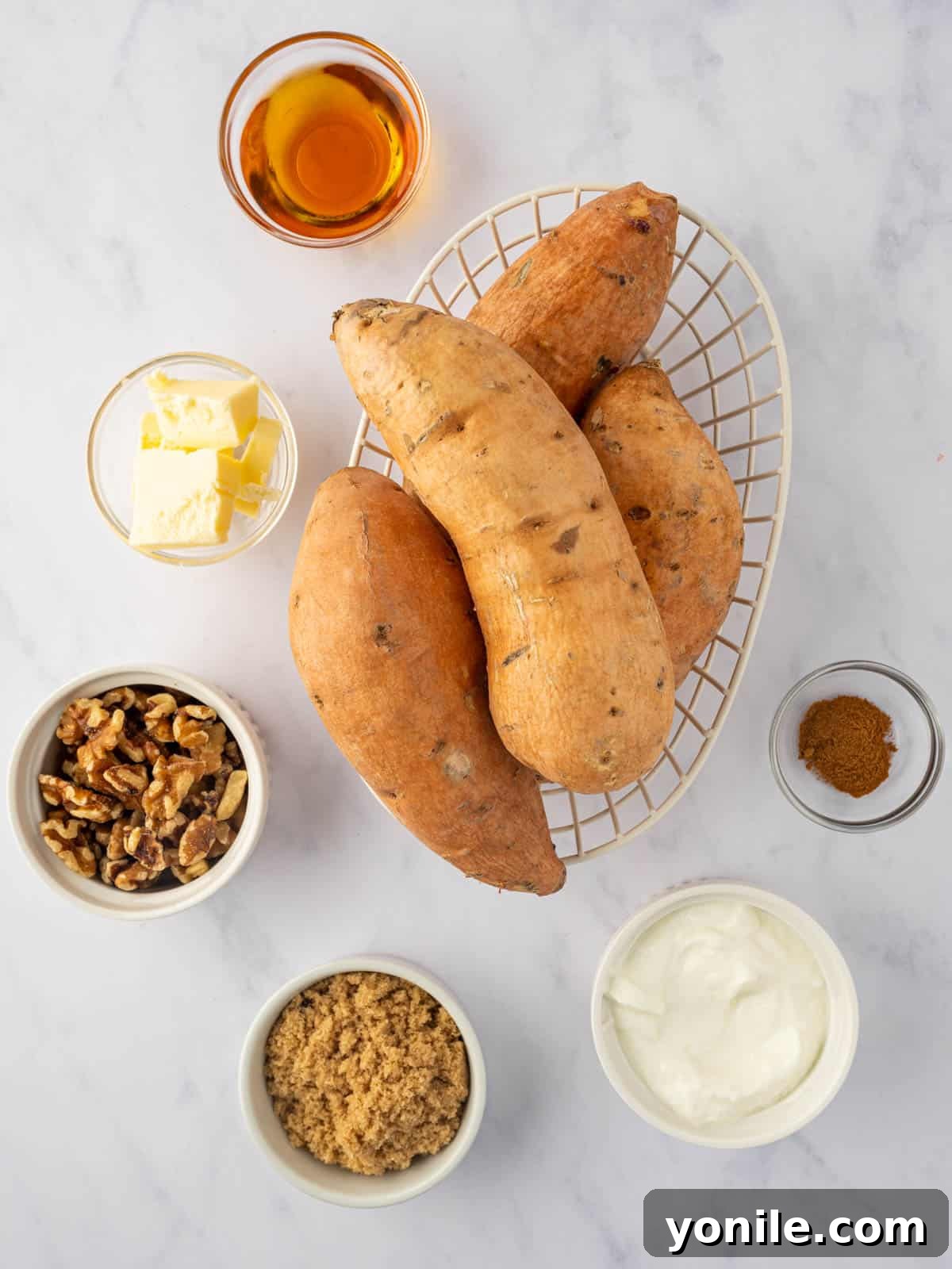 Ingredients for maple walnut twice baked sweet potatoes.