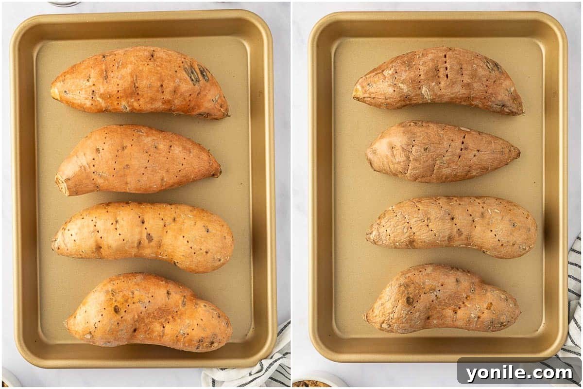 Baked sweet potatoes on a tray.