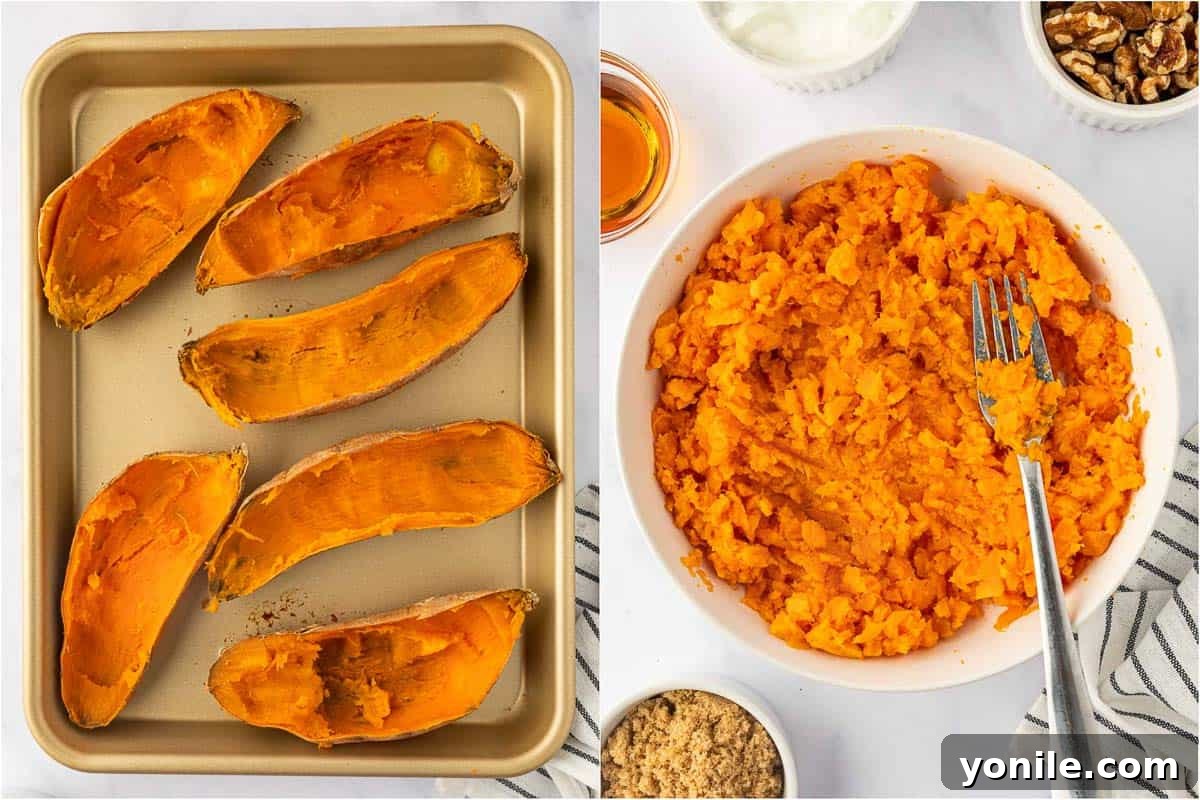 Scooping and mashing the sweet potato filling.