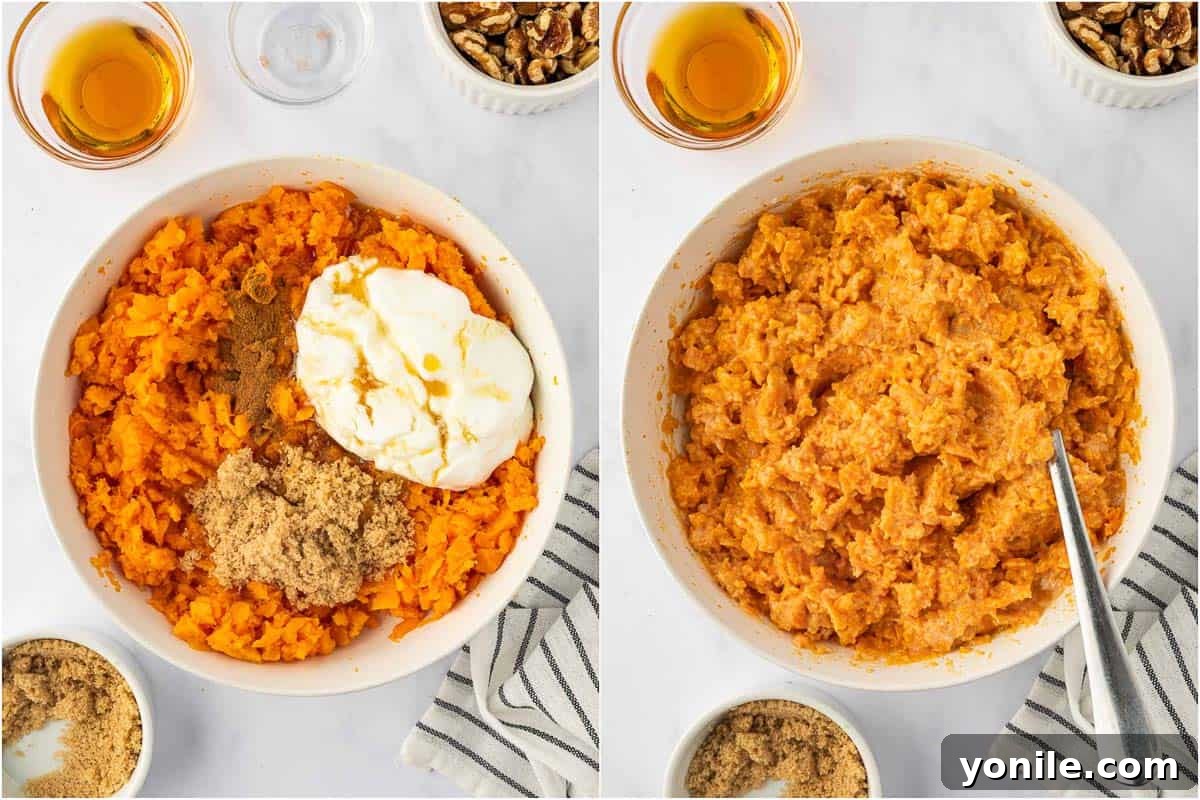 Mixing the creamy mashed sweet potato filling.