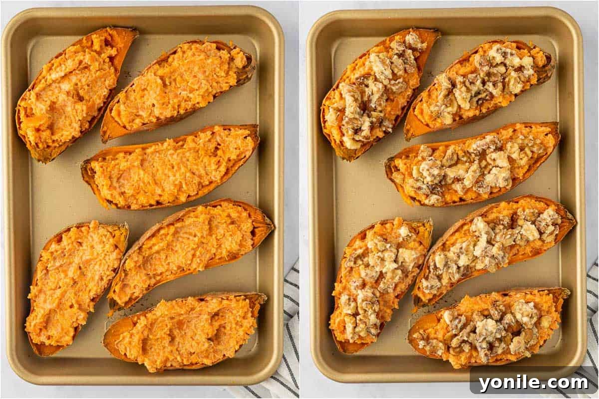 Preparing stuffed twice baked sweet potatoes for baking.