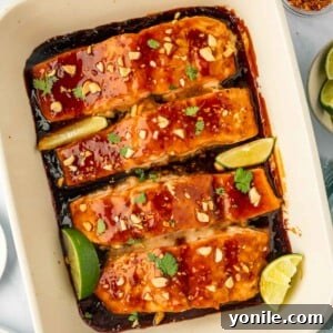 Baked Thai salmon in a casserole dish, perfectly golden and ready to serve.