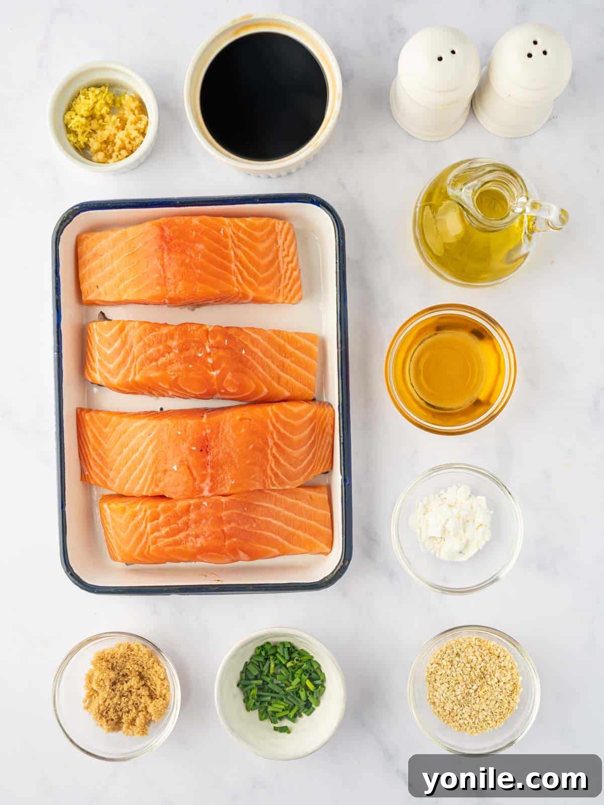 A curated display of all ingredients required to prepare the delicious Air Fryer Teriyaki Salmon recipe, including salmon fillets, soy sauce, brown sugar, garlic, ginger, and garnishes.