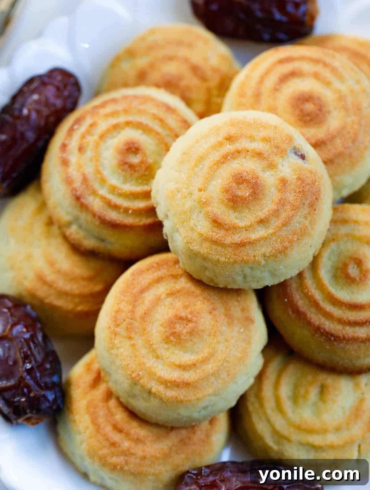 Maamoul Irresistible Date Cookies 14 A close-up shot of Maamoul Date Filled Cookies artfully arranged on a plate.