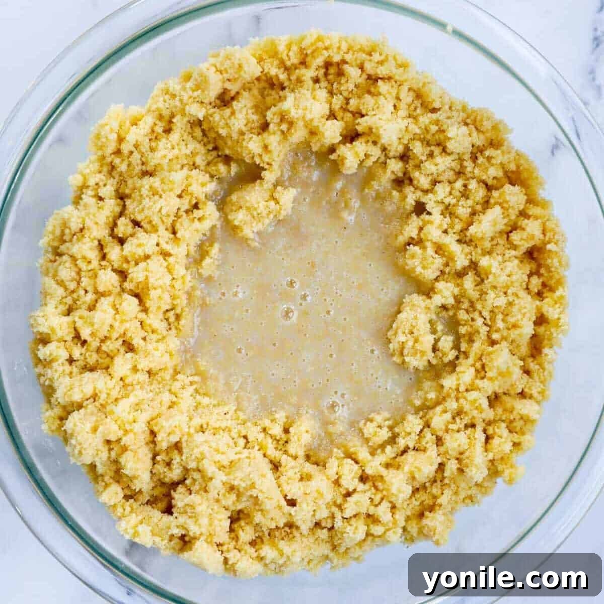 Maamoul Irresistible Date Cookies 6 Maamoul dough in a bowl after warm milk, sugar, yeast, and mahlab have been incorporated.