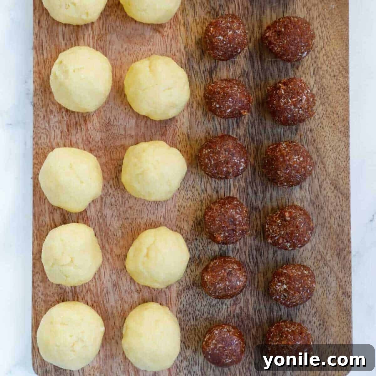 Maamoul Irresistible Date Cookies 9 Small, uniformly rolled Maamoul dough balls and date filling balls prepped on a wooden board.