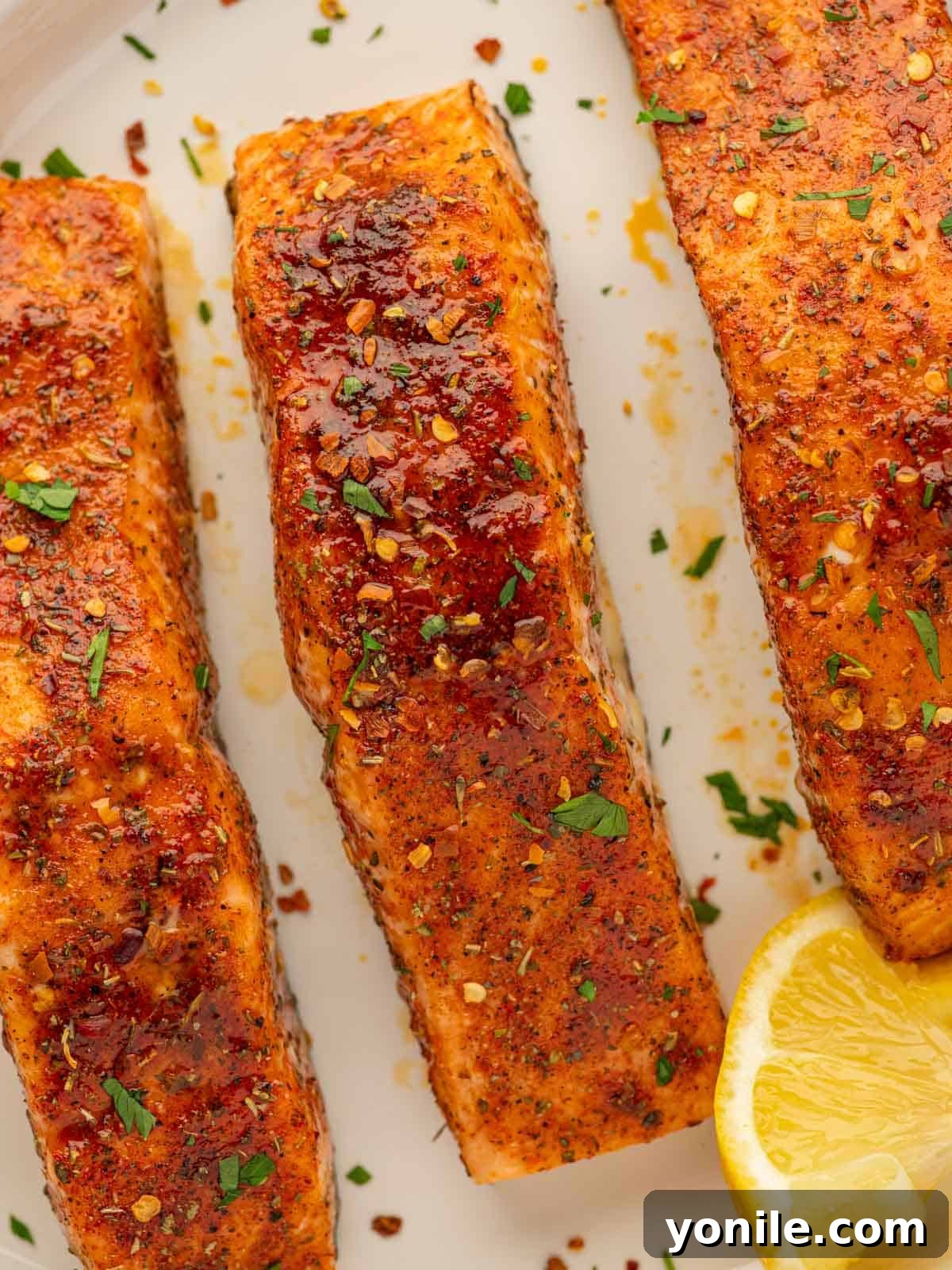 Sweet & Sticky Brown Sugar Salmon 8 Close-up of baked salmon with a glistening brown sugar glaze and fresh herbs.