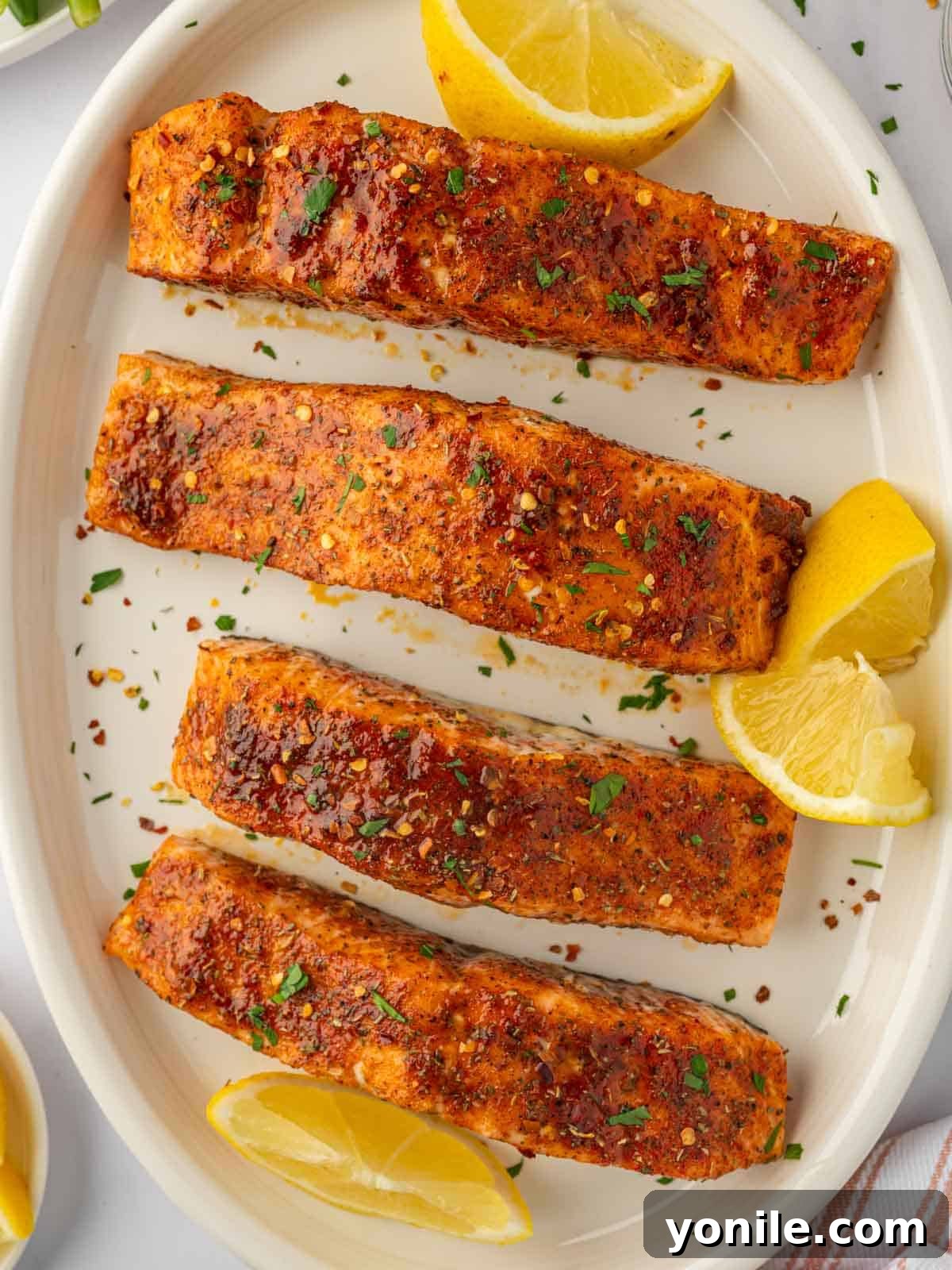 Sweet & Sticky Brown Sugar Salmon 9 A tray of beautifully baked salmon fillets with brown sugar seasoning, ready to be served.