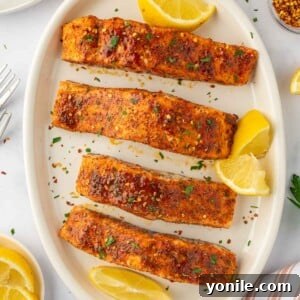 Sweet & Sticky Brown Sugar Salmon 10 Easy baked salmon recipe on a platter.