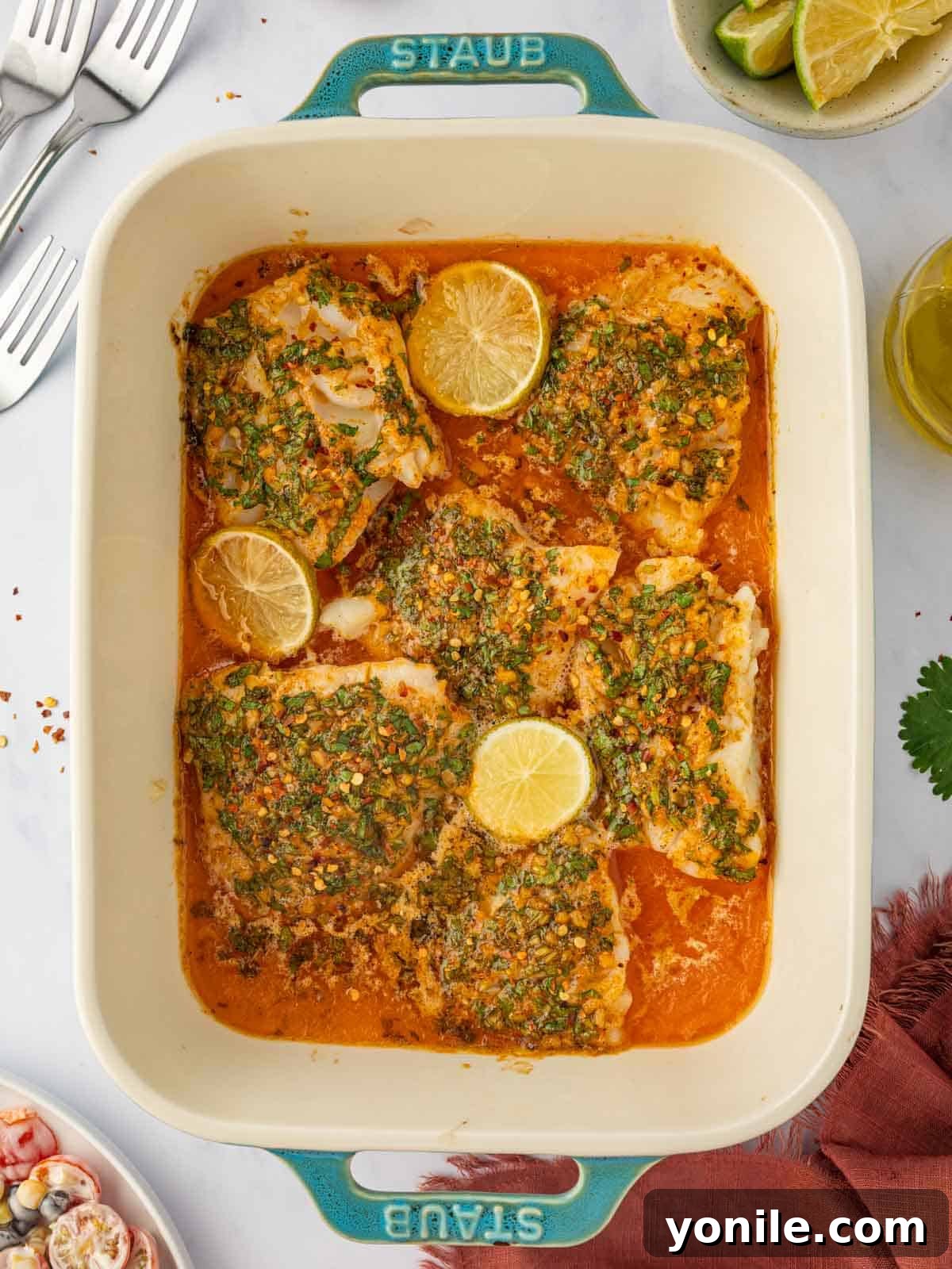 Savory Herb Crusted Cod Bake 2 A casserole dish with herb lime baked cod topped with lime slices, ready to be served.