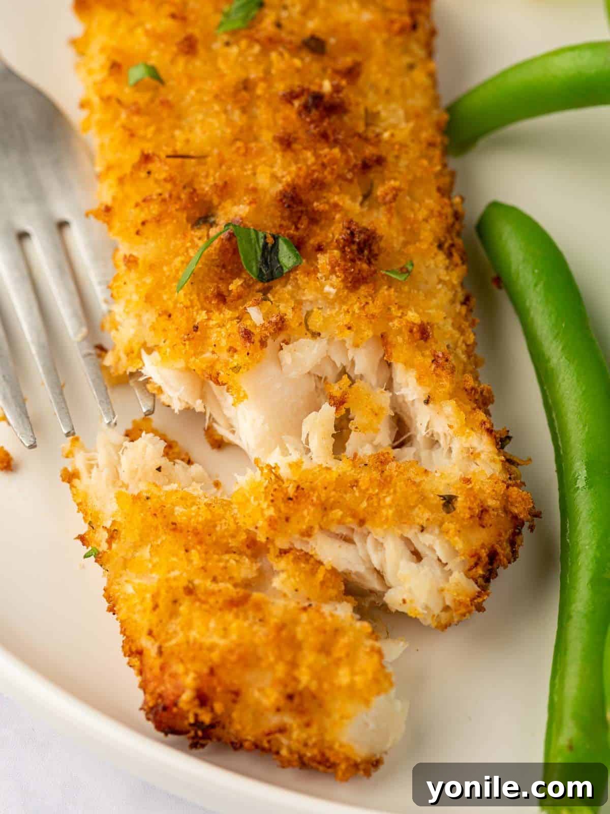 A close-up shot of a perfectly air-fried mahi mahi fillet, flaked to reveal its moist and tender interior.