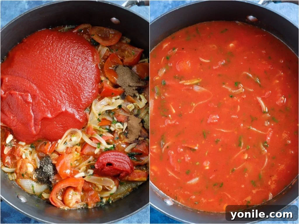 Tomato paste added to the vegetables and cooked into a sauce