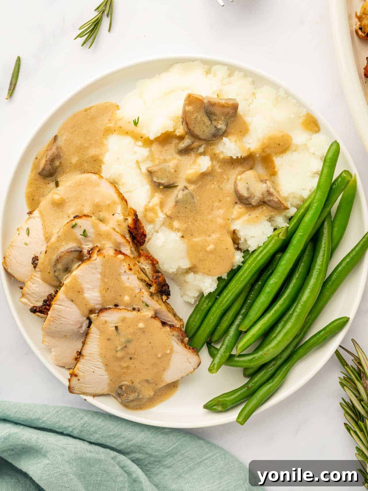 A festive holiday platter featuring slices of air-fried turkey breast, accompanied by savory gravy and creamy mashed potatoes.