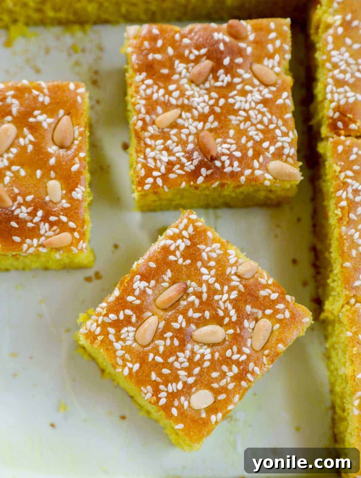 Pieces of Lebanese Turmeric Cake (sfouf) in a baking tray.