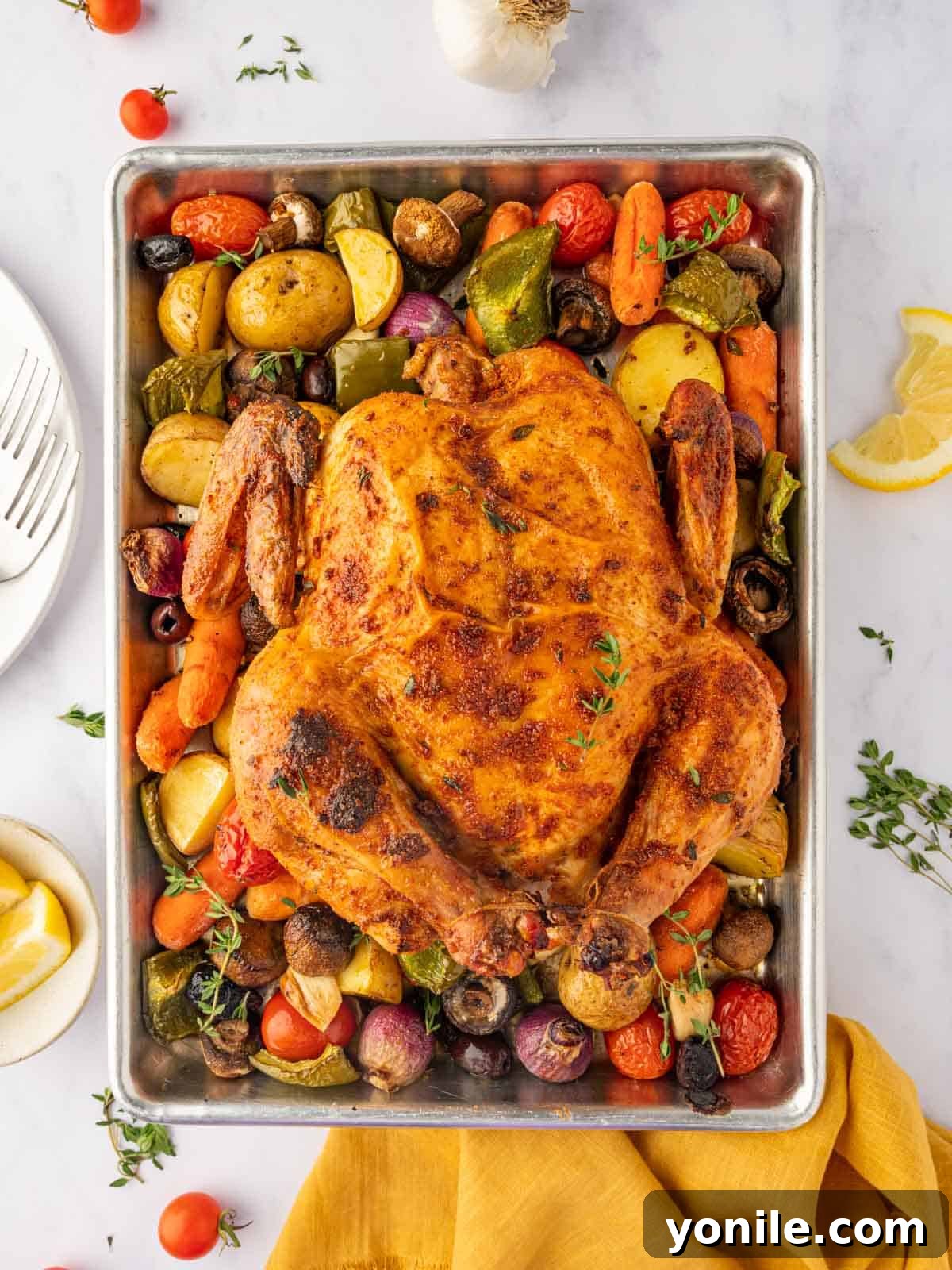 Perfectly seasoned roasted chicken, golden brown and served on a sheet pan with vibrant vegetables.