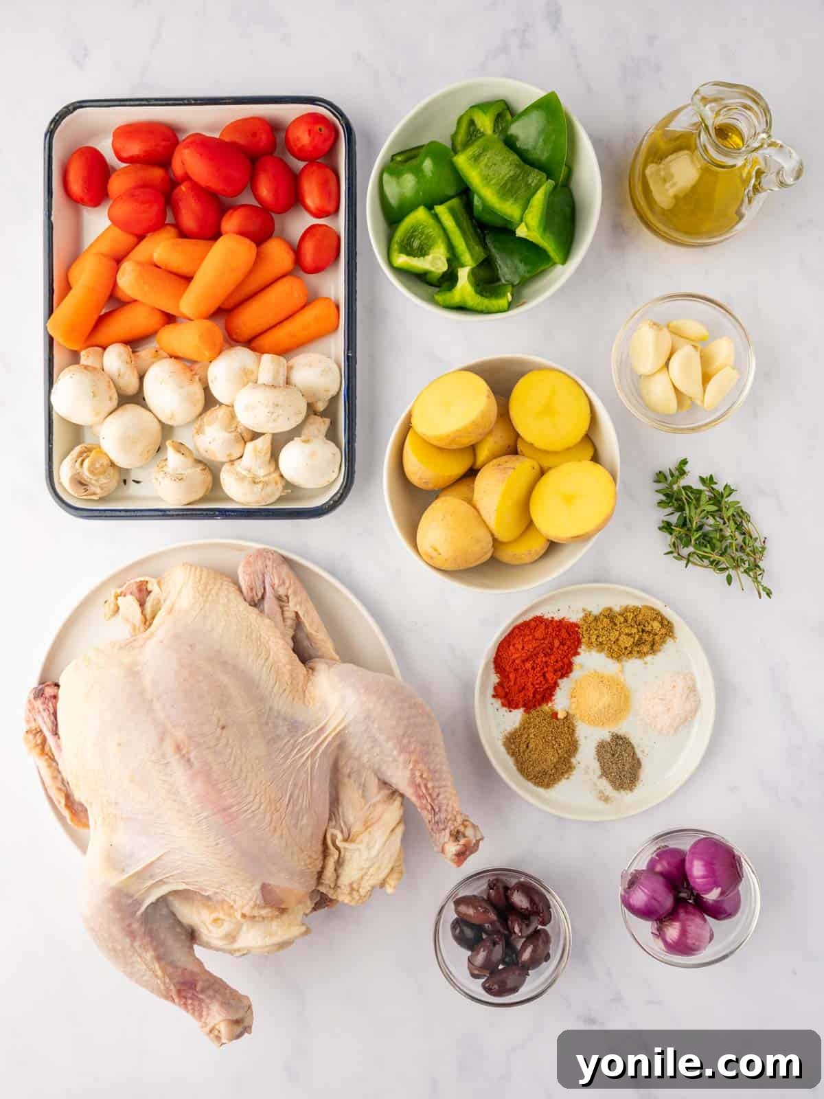 All the fresh ingredients laid out for Mediterranean roasted chicken, including a whole chicken, fresh herbs, spices, and a variety of vegetables like potatoes, tomatoes, and bell peppers.