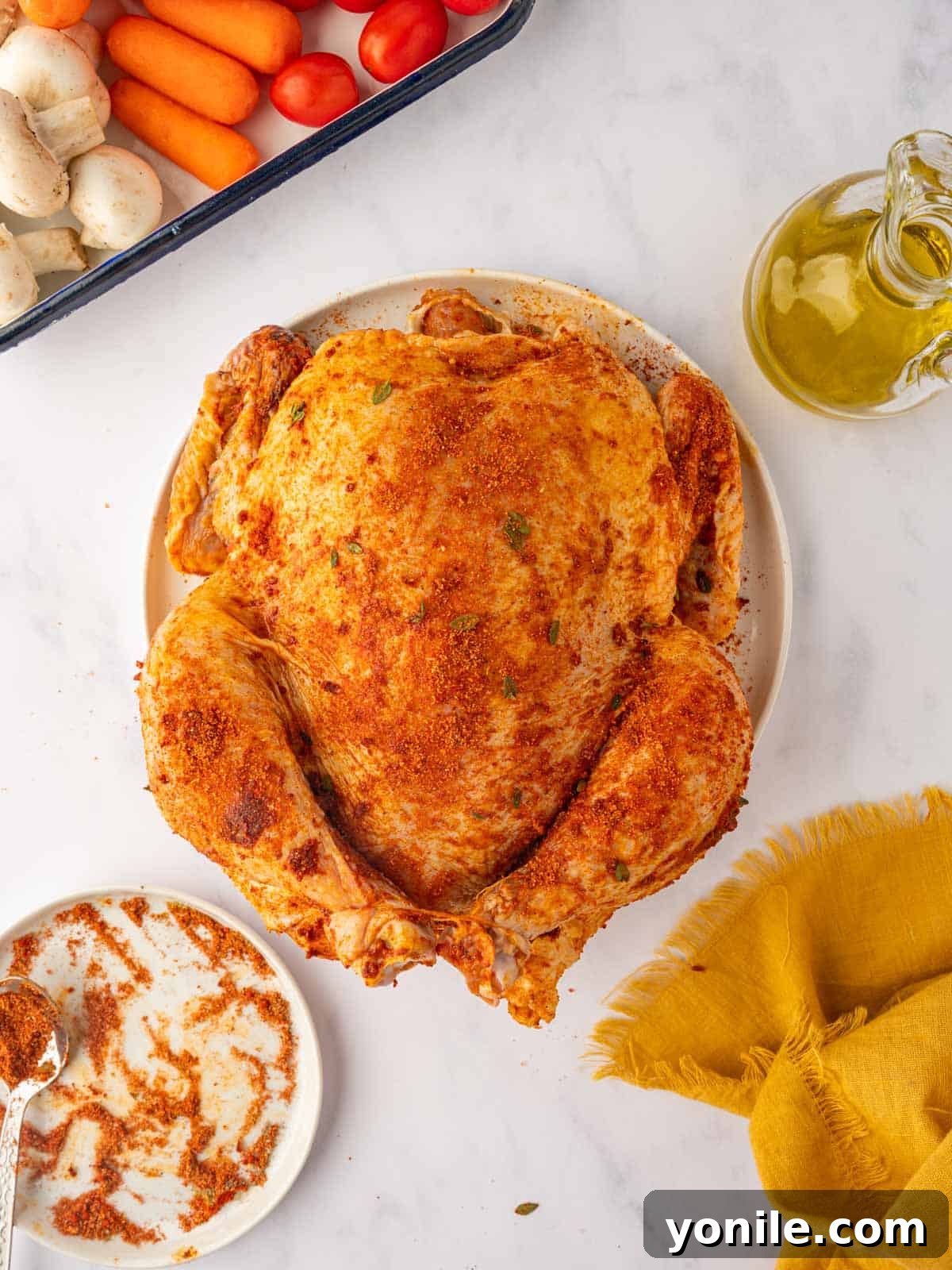A whole chicken being generously rubbed with Mediterranean seasoning before roasting.