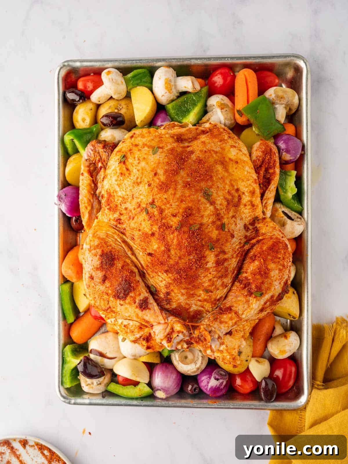 A beautifully seasoned whole chicken placed on a bed of assorted vegetables in a baking dish, ready for roasting.