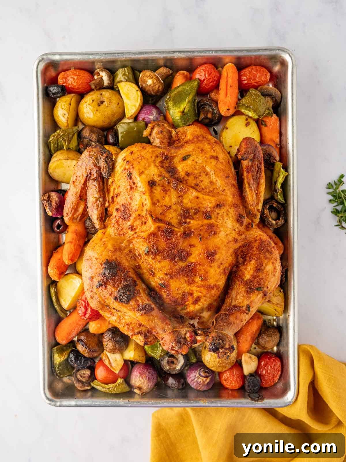 A glorious sheet pan dinner featuring Mediterranean roasted chicken surrounded by golden, tender vegetables, fresh out of the oven.