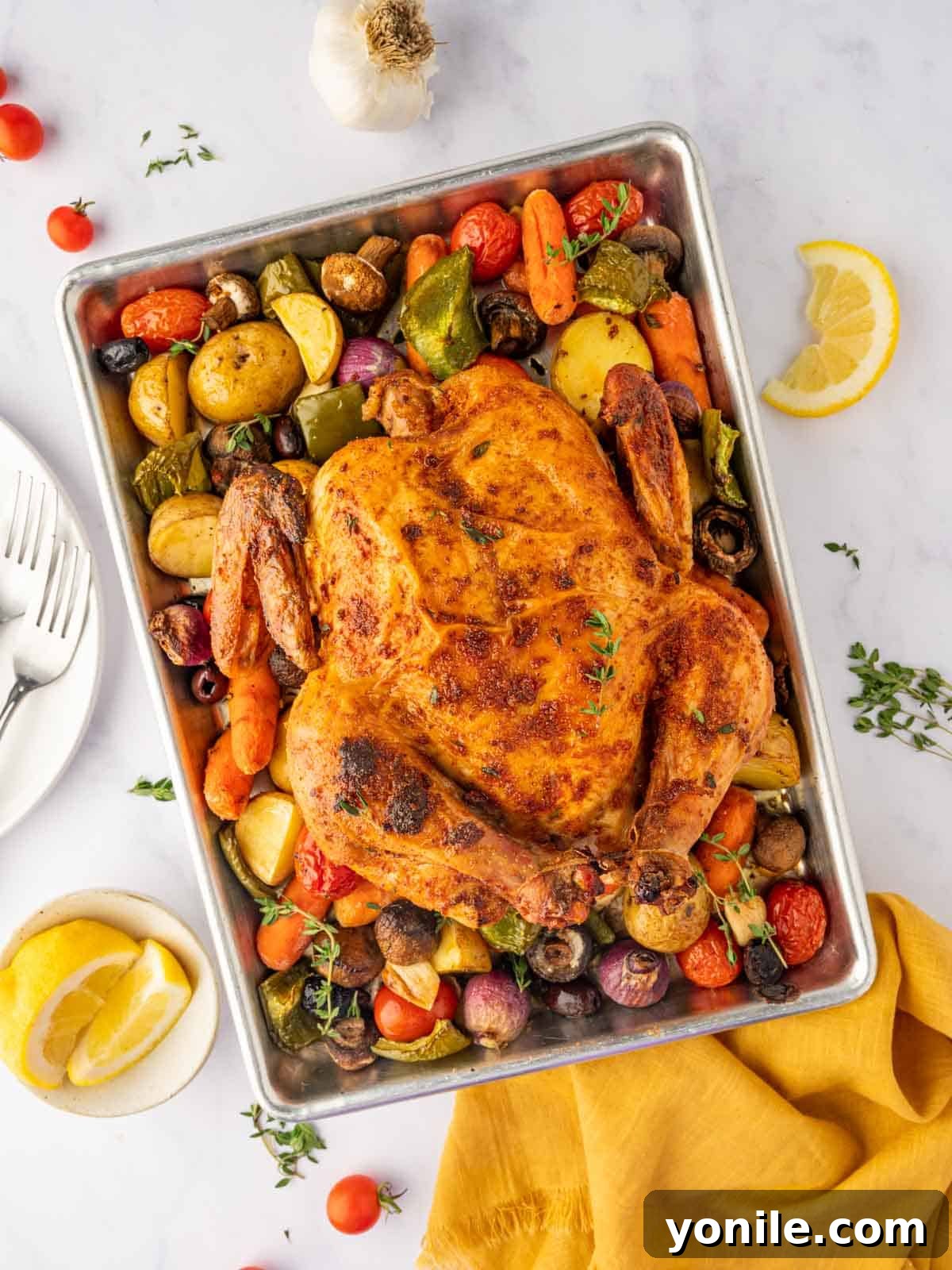 A whole roasted chicken traybake, beautifully golden and ready to be served, highlighting the one-pan cooking method.