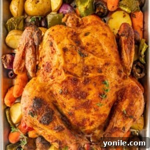 Chicken sheetpan dinner, perfectly roasted with Mediterranean seasoning and vegetables.