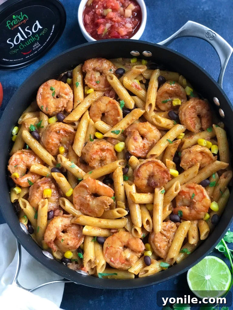 Fiesta Creamy Shrimp Pasta 6 A final delicious bowl of Creamy Southwest Shrimp Pasta ready to be enjoyed